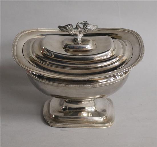 A mid 19th century Dutch silver oval footed sucrier and cover, with swan finial, 15oz approx